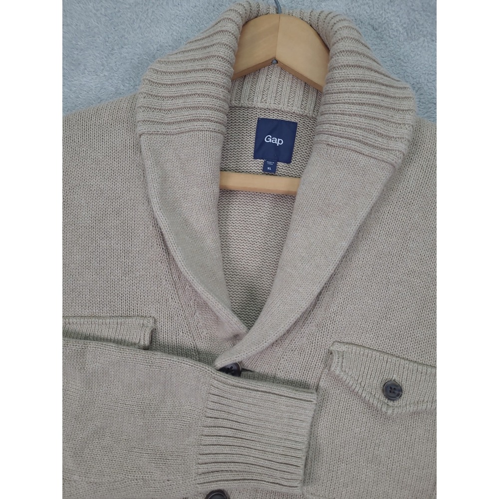 Gap Mens XL Tan Heather 100% Cotton 4 Pocket Shawl Collar Cardigan Sweater